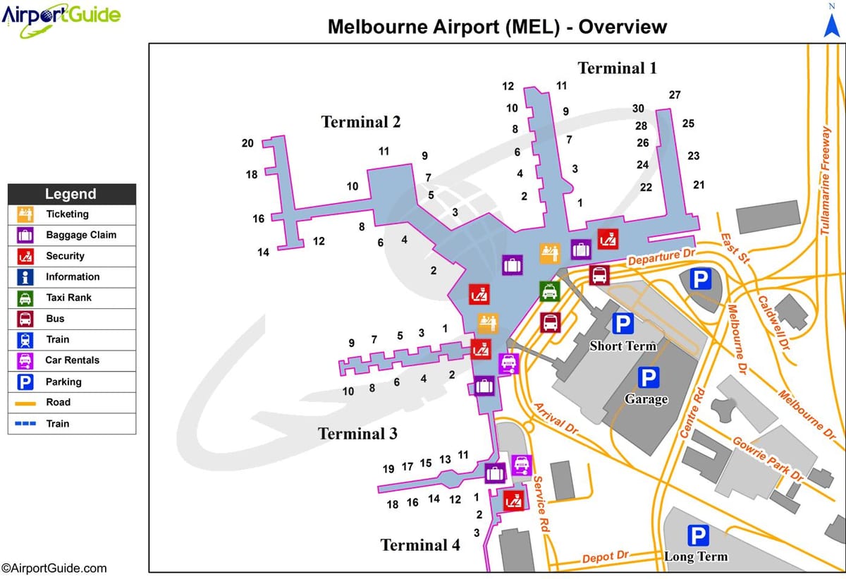 kort af Melbourne flugvöllur tengjum