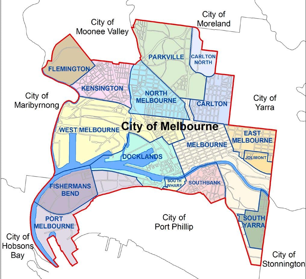 kort af Melbourne og nágrenni