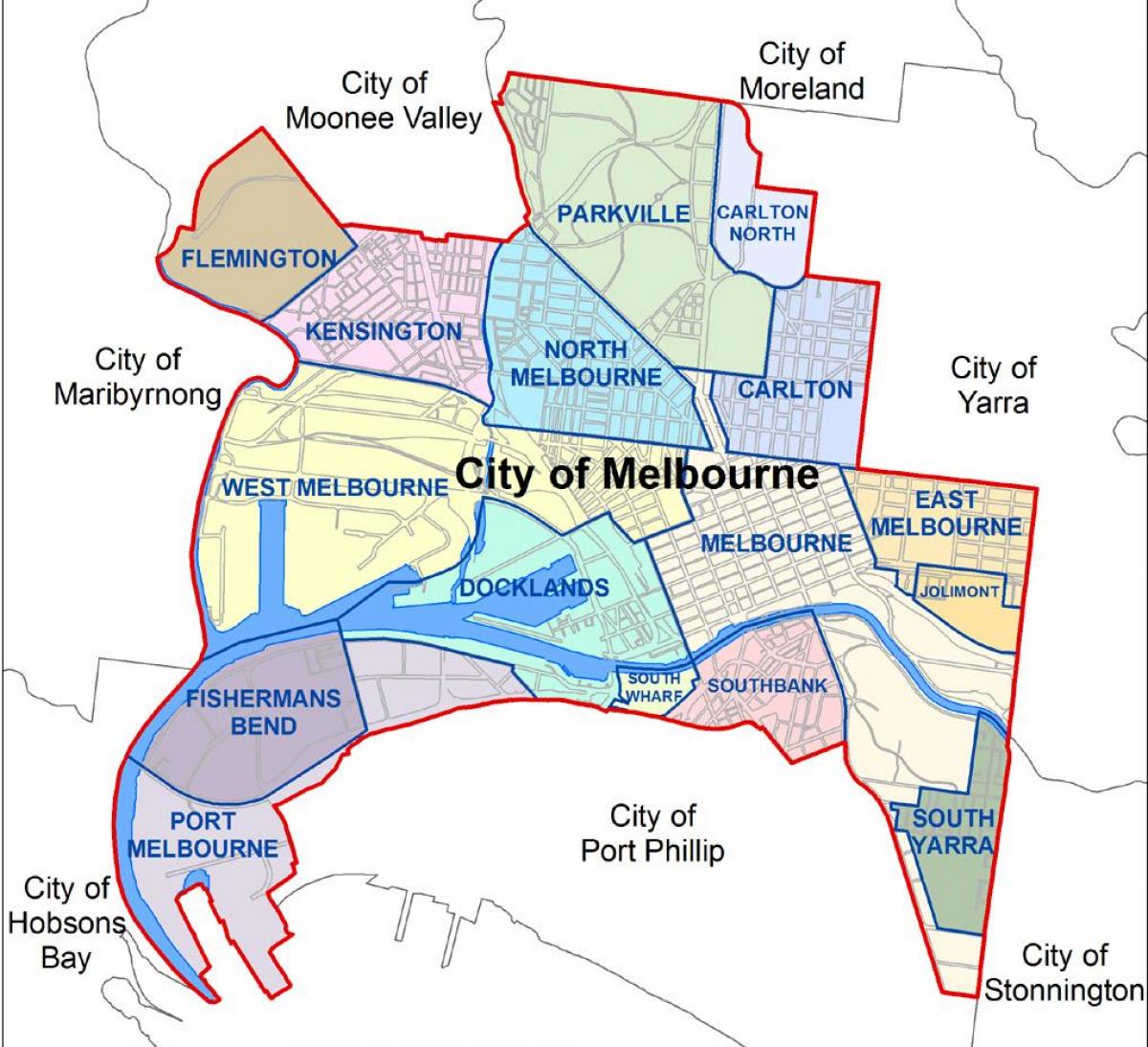 kort af Melbourne og nágrenni