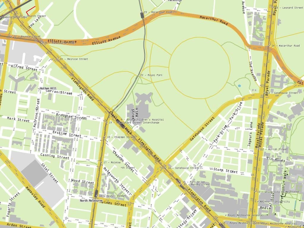 kort af Konunglega barnaspítalann Melbourne