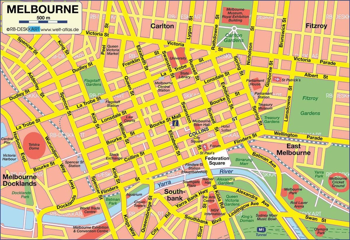 kort af viðskiptahverfi Melbourne