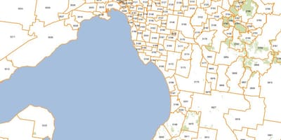 Kort af póstnúmer skal Melbourne
